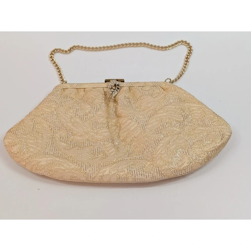 Vtg CFR Made in England Gold Brocade Evening Bag Rhinestone Clasp Chain Purse